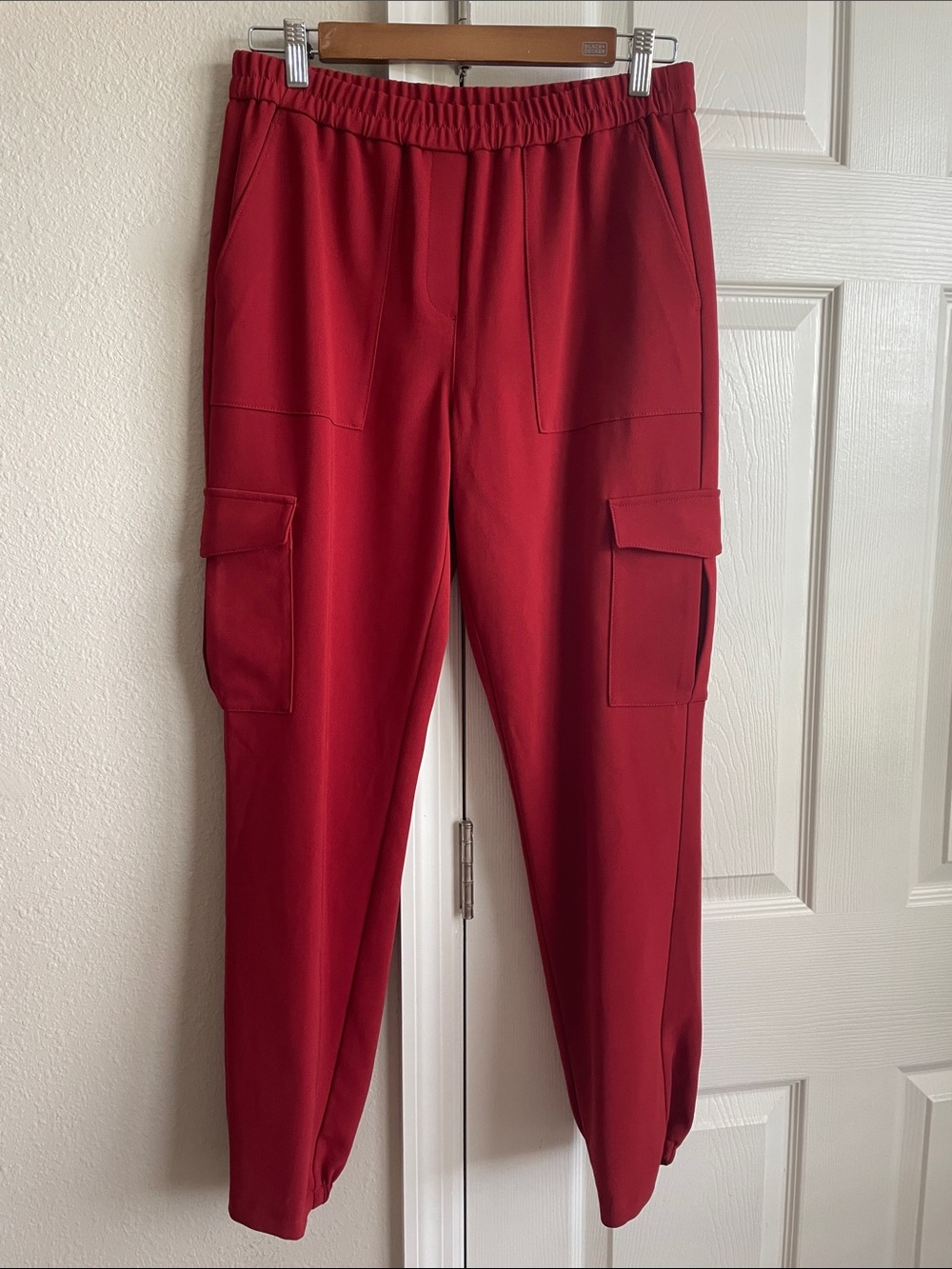 Theory Red Cargo Jogger Pants — Ankle Crop